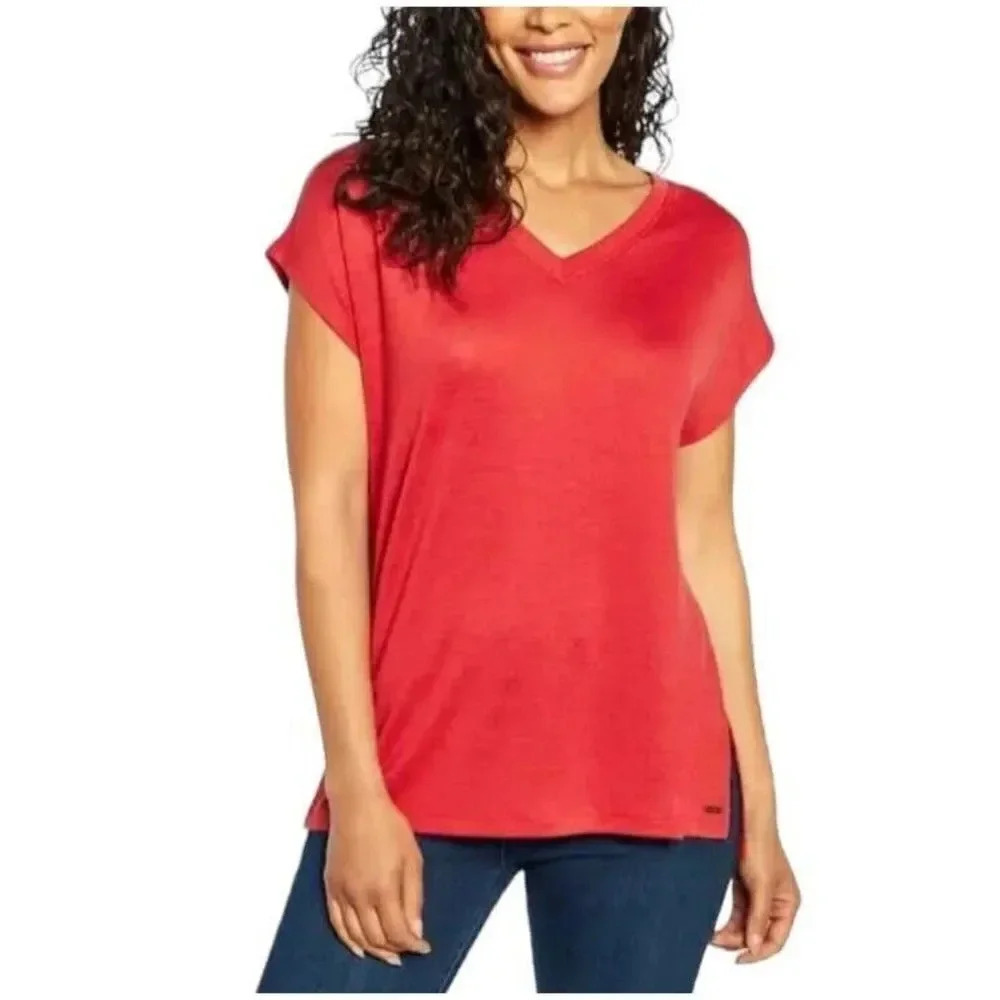 Orvis Womens Coral Color Knit Polyester Blend V-Neck Pullover Tunic Top Size XS